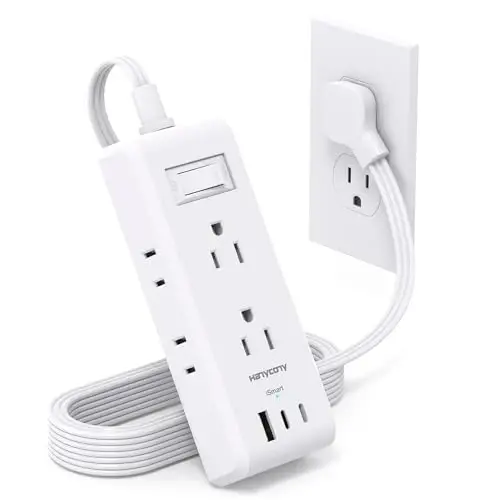 Extension Cord 15 Ft, HANYCONY Flat Plug Long Cord Power Strip, Ultra Thin Extension Cord, 6 Outlets 3 USB Ports(2 USB C), Outlet Extender with Wall Mount for Home Office Desk Accessories - HANYCONY