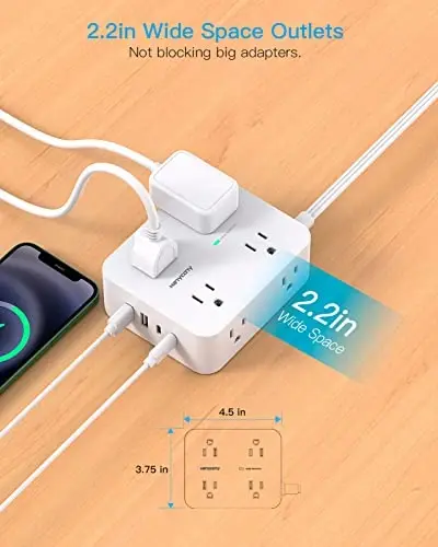 Extension Cord 15 Ft, Power Strip with 4 USB Ports(2 USB C), HANYCONY 8 Surge Protector Outlets with Flat Plug, Wall Mount, Desk for Home Office College Dorm Room Essentials - 5