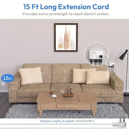 Extension Cord 15 ft, Surge Protector Power Strip with 6 Widely Outlets 4 USB Ports, Flat Plug, Wall Mount Outlet Extender, 1080 Joules, Multiple Outlets for Indoor Home Office, Dorm Room Essentials - 3