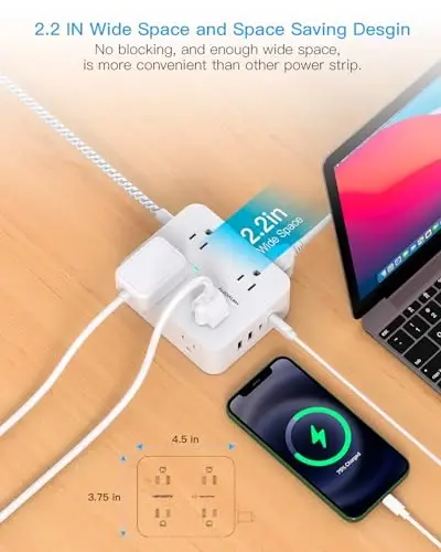 Extension Cord 20 Ft, HANYCONY Power Strip Surge Protector with 8 Outlets 4 USB Ports(2 USB C), Long Cord, Flat Plug, Wall Mount, Desk USB Charging Station for Home Office Essentials - HANYCONY (1)
