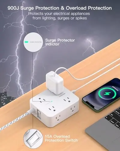 Extension Cord 20 Ft, HANYCONY Power Strip Surge Protector with 8 Outlets 4 USB Ports(2 USB C), Long Cord, Flat Plug, Wall Mount, Desk USB Charging Station for Home Office Essentials - 3
