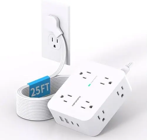 Extension Cord 25 Ft, Power Strip with 4 USB Ports(2 USB C), HANYCONY 1080J Surge Protection, 8 Outlets Extender Desk Charging Station for Home Office Dorm Room Essentials 