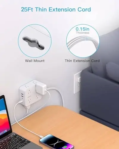 Extension Cord 25 Ft, Power Strip with 4 USB Ports(2 USB C), HANYCONY 1080J Surge Protection, 8 Outlets Extender Desk Charging Station for Home Office Dorm Room Essentials - 2