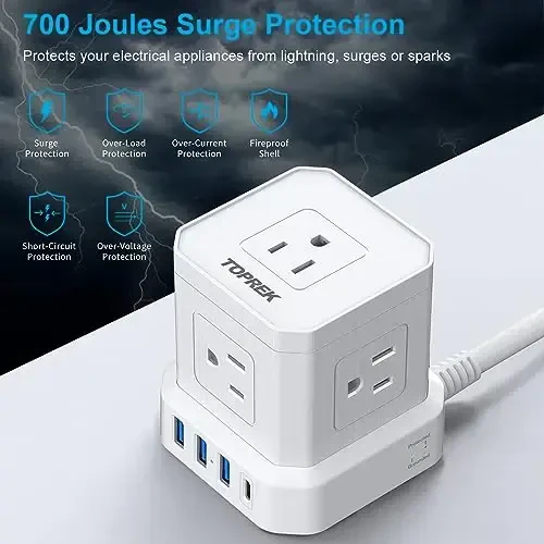 Extension Cord 25 FT, TOPREK 5 AC Outlets 4 USB, Power Strip with USB, USB C (15.5W/3.0A) Power Strip Surge Protector, Flat Plug Extension Cord for Apartment, Home Studio, RV - 5