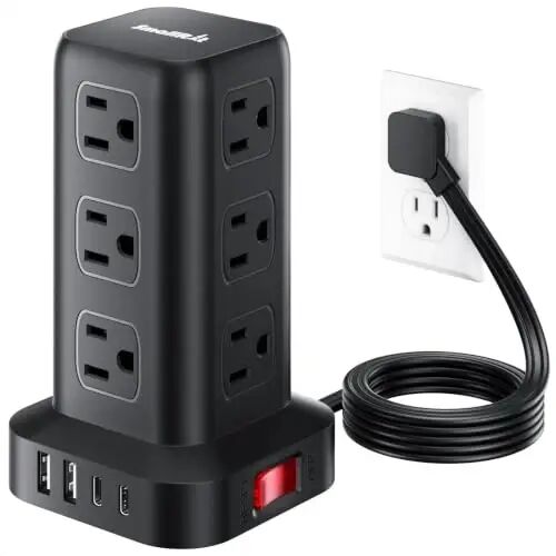 Extension Cord with Multiple Outlets, SMALLRT Flat Plug Power Strip Tower with USB 12 AC Outlets, 6.5FT Ultra Thin Extension Cord Outlet Extender for Home Office, Black - SMALLRT
