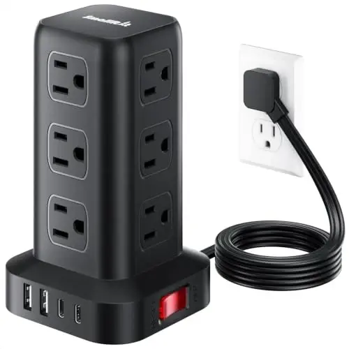 Extension Cord with Multiple Outlets, SMALLRT Flat Plug Power Strip Tower with USB 12 AC Outlets, 6.5FT Ultra Thin Extension Cord Outlet Extender for Home Office, Black - 1
