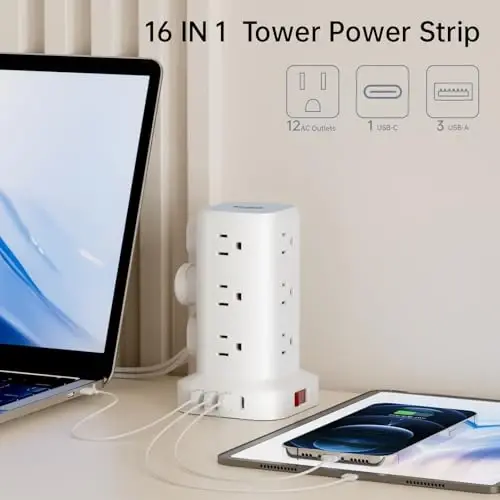 Extension Cord with Multiple Outlets, SMALLRT Flat Plug Surge Protector Power Strip Tower, Outlet Extender with USB 12 AC Outlets, 10FT Ultra Thin Extension Cord for Home Office, Overload Protection - 2