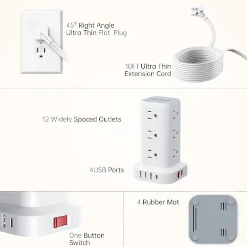 Extension Cord with Multiple Outlets, SMALLRT Flat Plug Surge Protector Power Strip Tower, Outlet Extender with USB 12 AC Outlets, 10FT Ultra Thin Extension Cord for Home Office, Overload Protection - 4