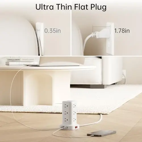 Extension Cord with Multiple Outlets, SMALLRT Flat Plug Surge Protector Power Strip Tower, Outlet Extender with USB 12 AC Outlets, 10FT Ultra Thin Extension Cord for Home Office, Overload Protection - 3