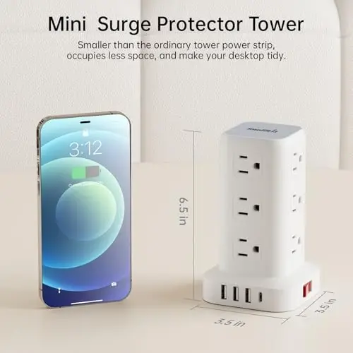 Extension Cord with Multiple Outlets, SMALLRT Flat Plug Surge Protector Power Strip Tower, Outlet Extender with USB 12 AC Outlets, 10FT Ultra Thin Extension Cord for Home Office, Overload Protection - 5