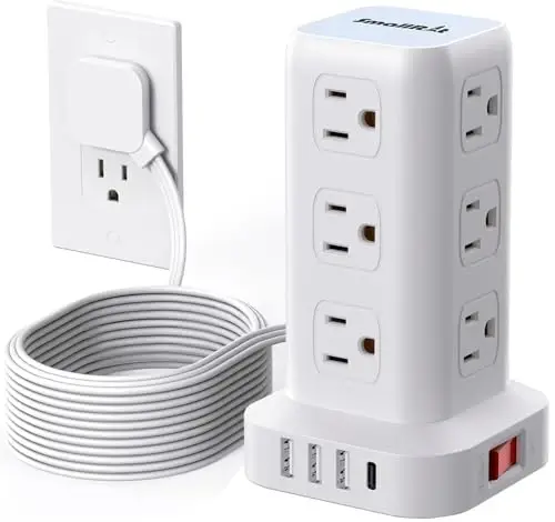 Extension Cord with Multiple Outlets, SMALLRT Flat Plug Surge Protector Power Strip Tower, Outlet Extender with USB 12 AC Outlets, 10FT Ultra Thin Extension Cord for Home Office, Overload Protection 