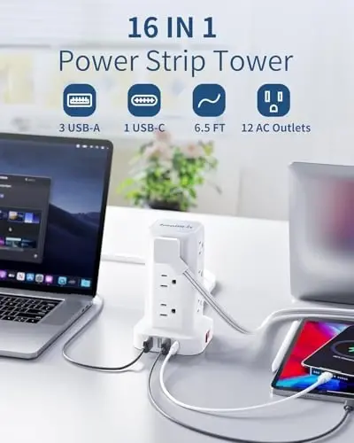 Extension Cord with Multiple Outlets, SMALLRT Flat Plug Surge Protector Power Strip Tower, Power Bars with USB 12 AC Outlets, 16.5FT Ultra Thin Extension Cord for Home Office, Overload Protection - 4