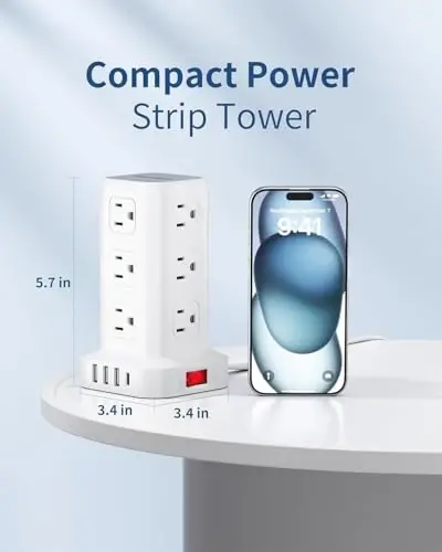 Extension Cord with Multiple Outlets, SMALLRT Flat Plug Surge Protector Power Strip Tower, Power Bars with USB 12 AC Outlets, 16.5FT Ultra Thin Extension Cord for Home Office, Overload Protection - SMALLRT (1)