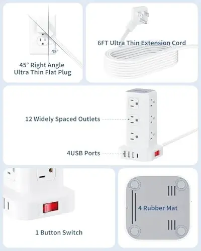 Extension Cord with Multiple Outlets, SMALLRT Flat Plug Surge Protector Power Strip Tower, Power Bars with USB 12 AC Outlets, 16.5FT Ultra Thin Extension Cord for Home Office, Overload Protection - 5