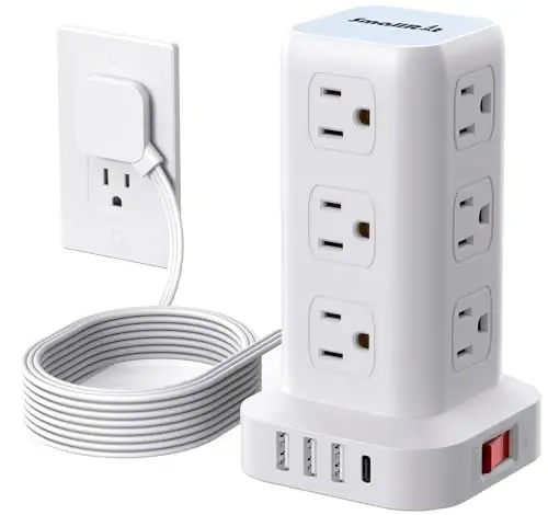 Extension Cord with Multiple Outlets, SMALLRT Flat Plug Surge Protector Power Strip Tower with USB 12 AC Outlets, 6.5FT Ultra Thin Extension Cord Outlet Extender for Home Office, Overload Protection 