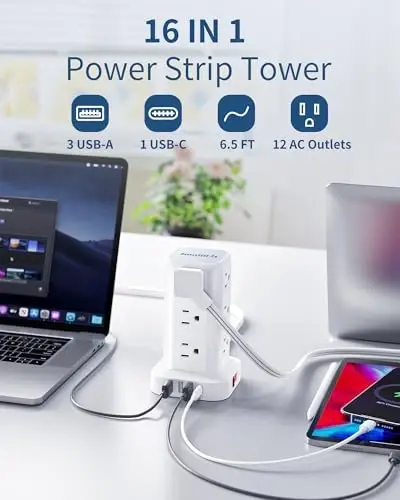 Extension Cord with Multiple Outlets, SMALLRT Flat Plug Surge Protector Power Strip Tower with USB 12 AC Outlets, 6.5FT Ultra Thin Extension Cord Outlet Extender for Home Office, Overload Protection - SMALLRT (1)