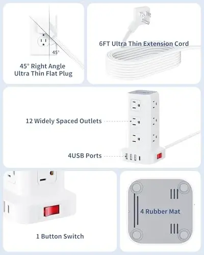 Extension Cord with Multiple Outlets, SMALLRT Flat Plug Surge Protector Power Strip Tower with USB 12 AC Outlets, 6.5FT Ultra Thin Extension Cord Outlet Extender for Home Office, Overload Protection - 3