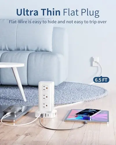 Extension Cord with Multiple Outlets, SMALLRT Flat Plug Surge Protector Power Strip Tower with USB 12 AC Outlets, 6.5FT Ultra Thin Extension Cord Outlet Extender for Home Office, Overload Protection - 5