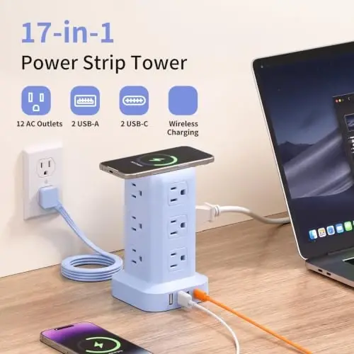Extension Cord with Multiple Outlets, SMALLRT Outlet Extender with 12 AC Outlets 4 USB, 6.5FT Power Strip Tower for Home Office Supplies, Blue - 5