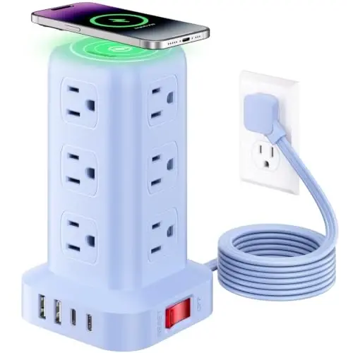Extension Cord with Multiple Outlets, SMALLRT Outlet Extender with 12 AC Outlets 4 USB, 6.5FT Power Strip Tower for Home Office Supplies, Blue - 6