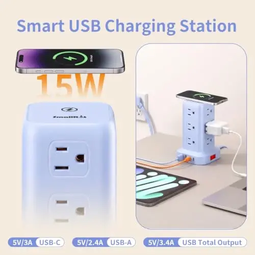 Extension Cord with Multiple Outlets, SMALLRT Outlet Extender with 12 AC Outlets 4 USB, 6.5FT Power Strip Tower for Home Office Supplies, Blue - SMALLRT (1)