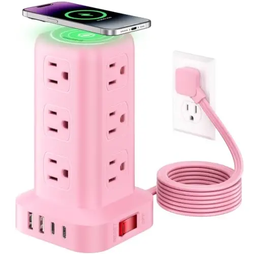 Extension Cord with Multiple Outlets, SMALLRT Outlet Extender with 12 AC Outlets 4 USB, 6.5FT Power Strip Tower for Home Office Supplies, Pink - 1