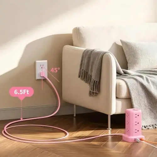 Extension Cord with Multiple Outlets, SMALLRT Outlet Extender with 12 AC Outlets 4 USB, 6.5FT Power Strip Tower for Home Office Supplies, Pink - 3
