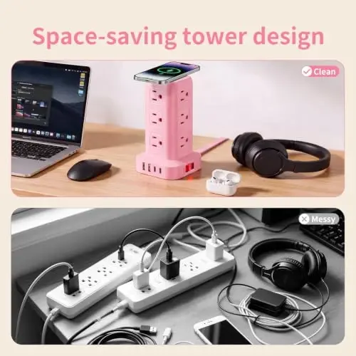 Extension Cord with Multiple Outlets, SMALLRT Outlet Extender with 12 AC Outlets 4 USB, 6.5FT Power Strip Tower for Home Office Supplies, Pink - 4