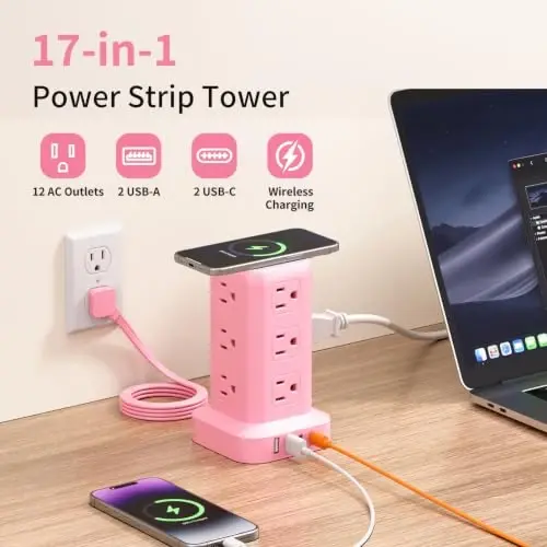 Extension Cord with Multiple Outlets, SMALLRT Outlet Extender with 12 AC Outlets 4 USB, 6.5FT Power Strip Tower for Home Office Supplies, Pink - 6