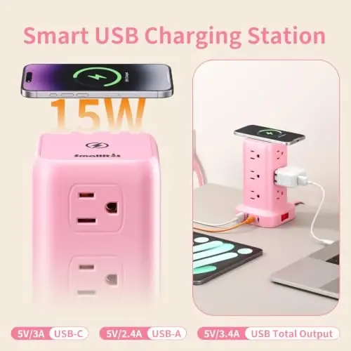 Extension Cord with Multiple Outlets, SMALLRT Outlet Extender with 12 AC Outlets 4 USB, 6.5FT Power Strip Tower for Home Office Supplies, Pink - SMALLRT (1)