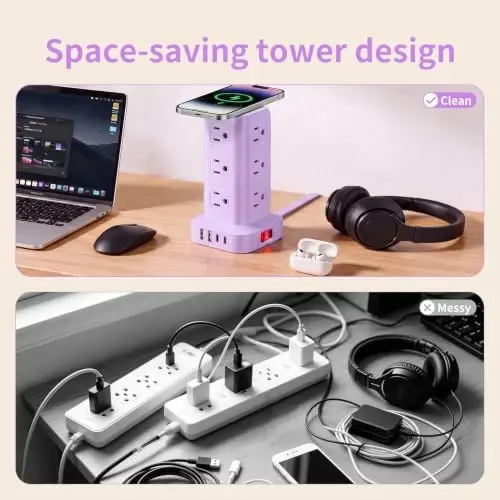 Extension Cord with Multiple Outlets, SMALLRT Outlet Extender with 12 AC Outlets 4 USB, 6.5FT Power Strip Tower for Home Office Supplies, Purple - 3