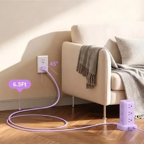 Extension Cord with Multiple Outlets, SMALLRT Outlet Extender with 12 AC Outlets 4 USB, 6.5FT Power Strip Tower for Home Office Supplies, Purple - 4
