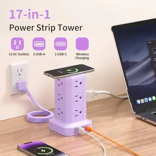 Extension Cord with Multiple Outlets, SMALLRT Outlet Extender with 12 AC Outlets 4 USB, 6.5FT Power Strip Tower for Home Office Supplies, Purple - 5