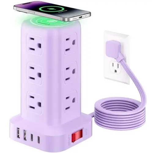 Extension Cord with Multiple Outlets, SMALLRT Outlet Extender with 12 AC Outlets 4 USB, 6.5FT Power Strip Tower for Home Office Supplies, Purple - 6