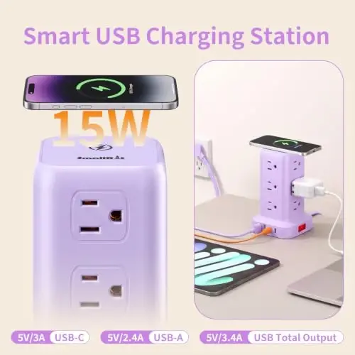 Extension Cord with Multiple Outlets, SMALLRT Outlet Extender with 12 AC Outlets 4 USB, 6.5FT Power Strip Tower for Home Office Supplies, Purple - SMALLRT (1)