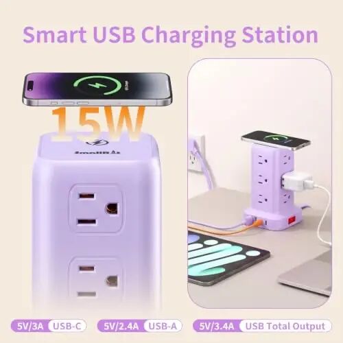 Extension Cord with Multiple Outlets, SMALLRT Outlet Extender with 12 AC Outlets 4 USB, 6.5FT Power Strip Tower for Home Office Supplies, Purple - 2