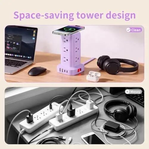 Extension Cord with Multiple Outlets, SMALLRT Outlet Extender with 12 AC Outlets 4 USB, 6.5FT Power Strip Tower for Home Office Supplies, Purple - 3