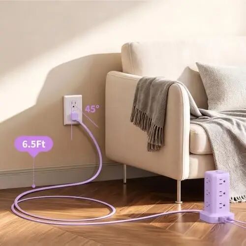Extension Cord with Multiple Outlets, SMALLRT Outlet Extender with 12 AC Outlets 4 USB, 6.5FT Power Strip Tower for Home Office Supplies, Purple - 4