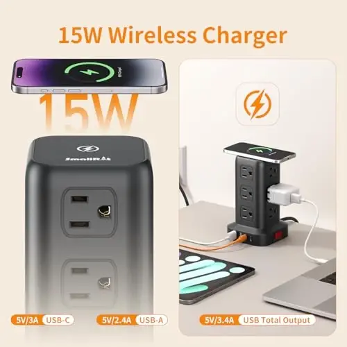 Extension Cord with Multiple Outlets, SMALLRT Power Strip Tower, 10FT Outlet Extender with 12 AC Outlets 4 USB, Power Strip with USB Ports for Home Office Dorm Room,Overload Protection - 6