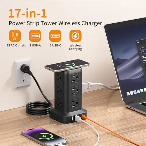 Extension Cord with Multiple Outlets, SMALLRT Power Strip Tower, 10FT Outlet Extender with 12 AC Outlets 4 USB, Power Strip with USB Ports for Home Office Dorm Room,Overload Protection - SMALLRT (1)
