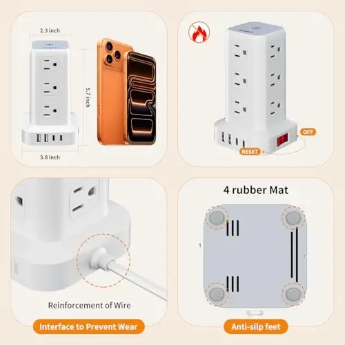 Extension Cord with Multiple Outlets, SMALLRT Power Strip Tower, 10FT Outlet Extender with 12 AC Outlets 4 USB, Power Strip with USB Ports for Home Office Dorm Room,Overload Protection - 3
