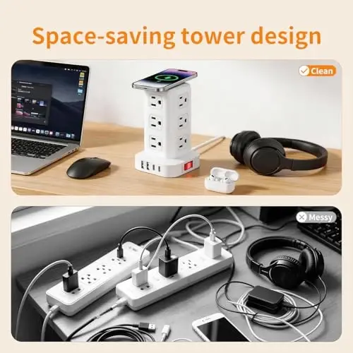 Extension Cord with Multiple Outlets, SMALLRT Power Strip Tower, 10FT Outlet Extender with 12 AC Outlets 4 USB, Power Strip with USB Ports for Home Office Dorm Room,Overload Protection - SMALLRT (1)