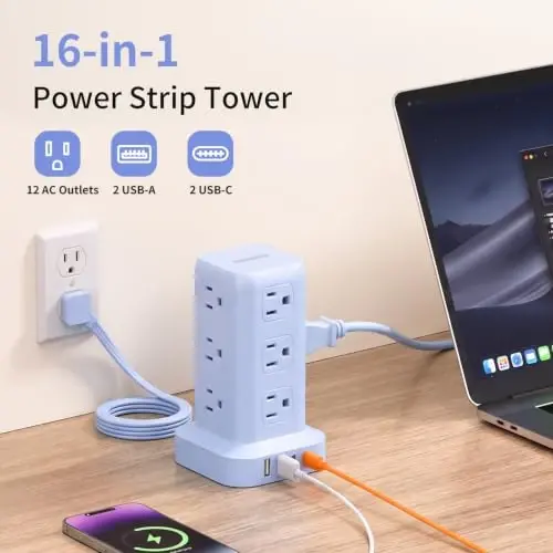 Extension Cord with Multiple Outlets, SMALLRT Power Strip Tower, Outlet Extender with 12 AC Outlets 4 USB, 6.5FT Extension Cord for Home Dorm Room, Office Supplies, Blue - 1