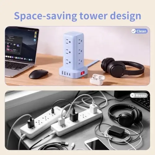 Extension Cord with Multiple Outlets, SMALLRT Power Strip Tower, Outlet Extender with 12 AC Outlets 4 USB, 6.5FT Extension Cord for Home Dorm Room, Office Supplies, Blue - 3