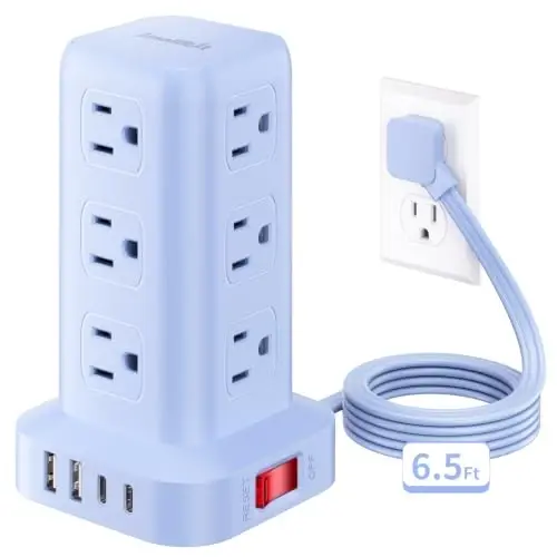 Extension Cord with Multiple Outlets, SMALLRT Power Strip Tower, Outlet Extender with 12 AC Outlets 4 USB, 6.5FT Extension Cord for Home Dorm Room, Office Supplies, Blue - 6