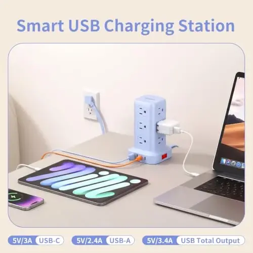 Extension Cord with Multiple Outlets, SMALLRT Power Strip Tower, Outlet Extender with 12 AC Outlets 4 USB, 6.5FT Extension Cord for Home Dorm Room, Office Supplies, Blue - SMALLRT (1)