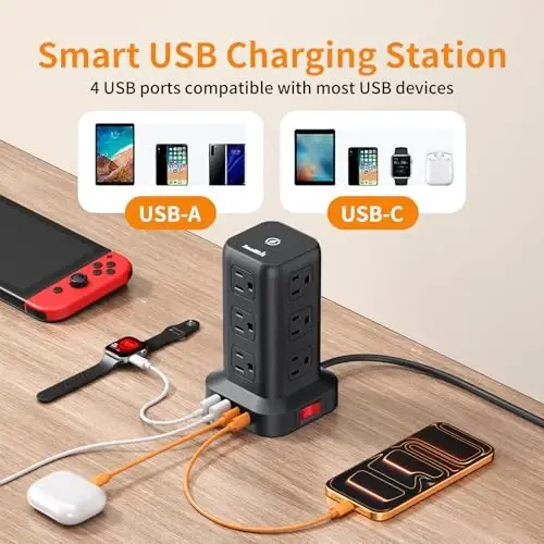 Extension Cord with Multiple Outlets, SMALLRT Power Strip Tower, Outlet Extender with 12 AC Outlets 4 USB, 6.5FT Extension Cord for Home Dorm Room, Office Supplies, Overload Protection - 3