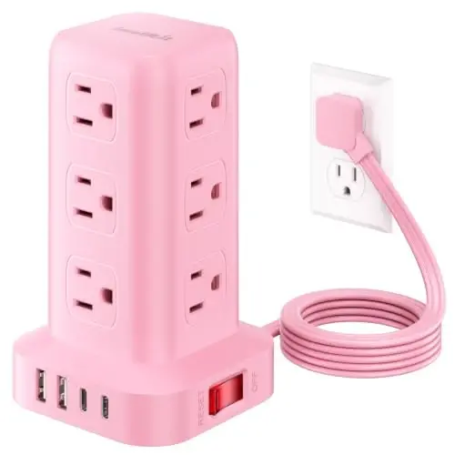 Extension Cord with Multiple Outlets, SMALLRT Power Strip Tower, Outlet Extender with 12 AC Outlets 4 USB, 6.5FT Extension Cord for Home Dorm Room, Office Supplies, Pink - 1