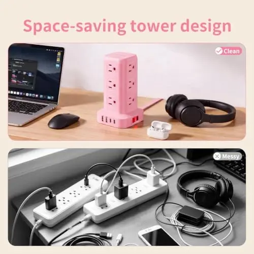 Extension Cord with Multiple Outlets, SMALLRT Power Strip Tower, Outlet Extender with 12 AC Outlets 4 USB, 6.5FT Extension Cord for Home Dorm Room, Office Supplies, Pink - 3