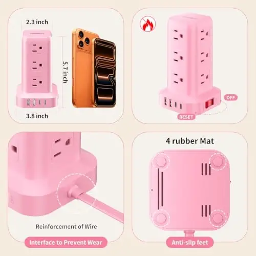 Extension Cord with Multiple Outlets, SMALLRT Power Strip Tower, Outlet Extender with 12 AC Outlets 4 USB, 6.5FT Extension Cord for Home Dorm Room, Office Supplies, Pink - 4
